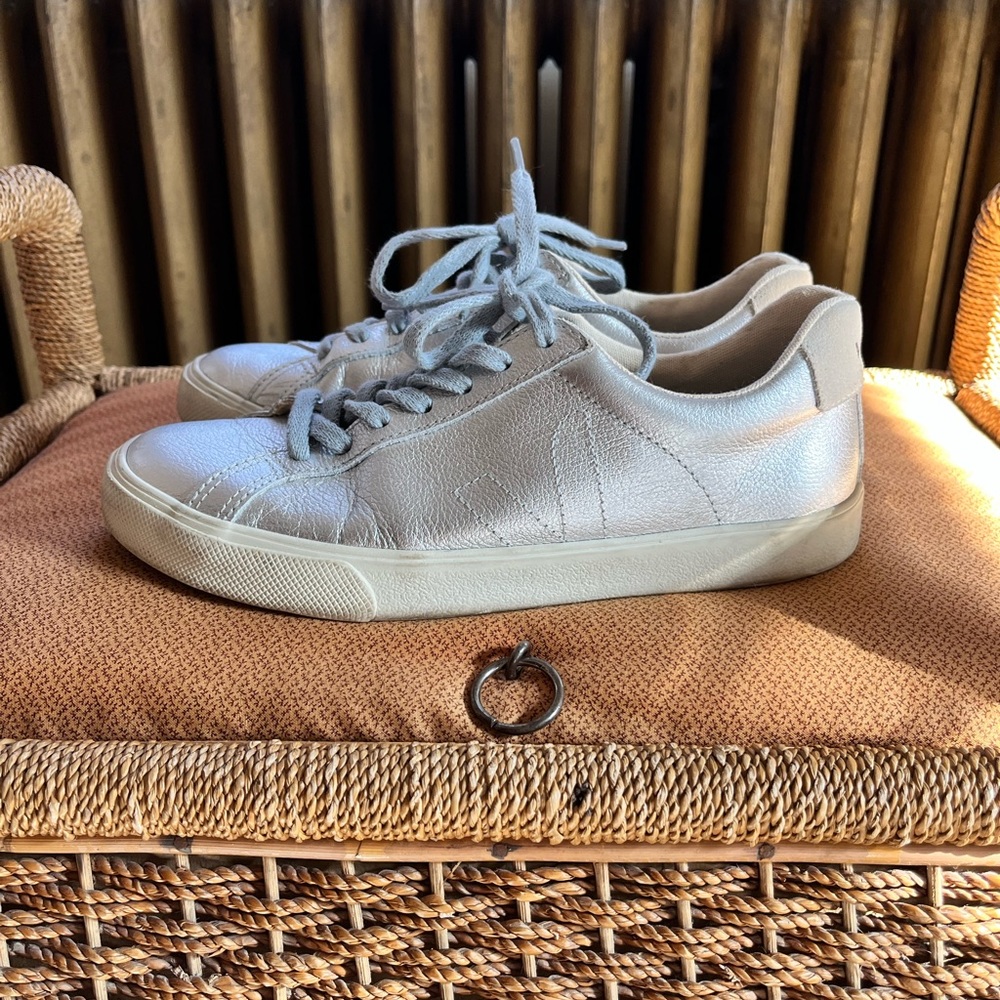 Veja Metallic Silver Leather Sneakers